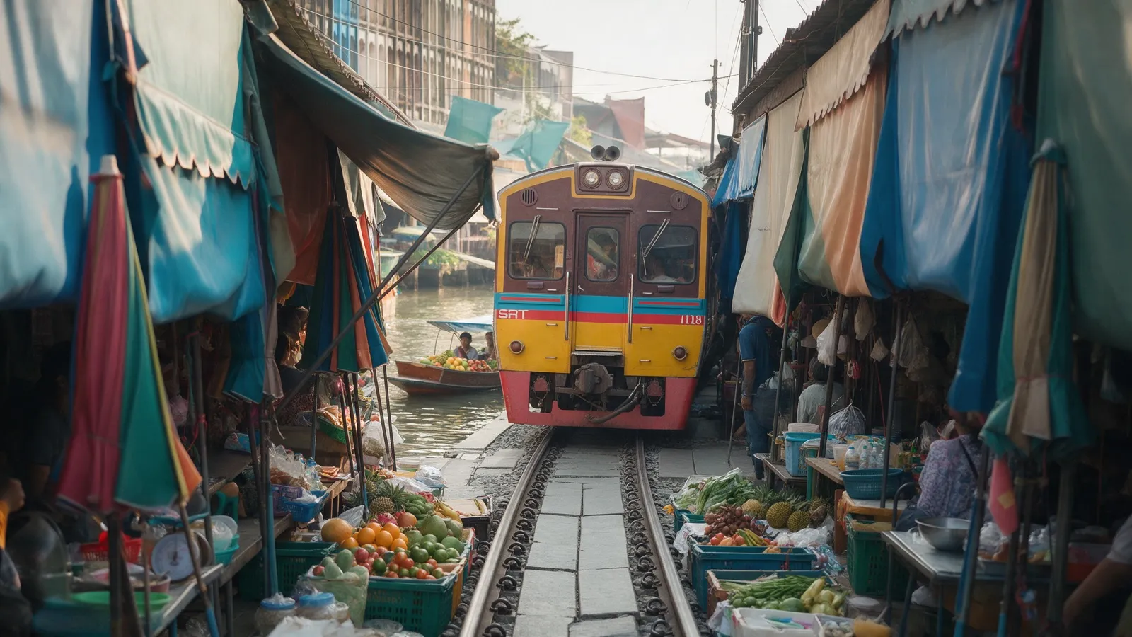 Ein kleiner Zug fährt zwischen Marktständen mit Obst und bunten Planen mitten durch einen Markt, im Hintergrund ein Kanal mit Holzboot