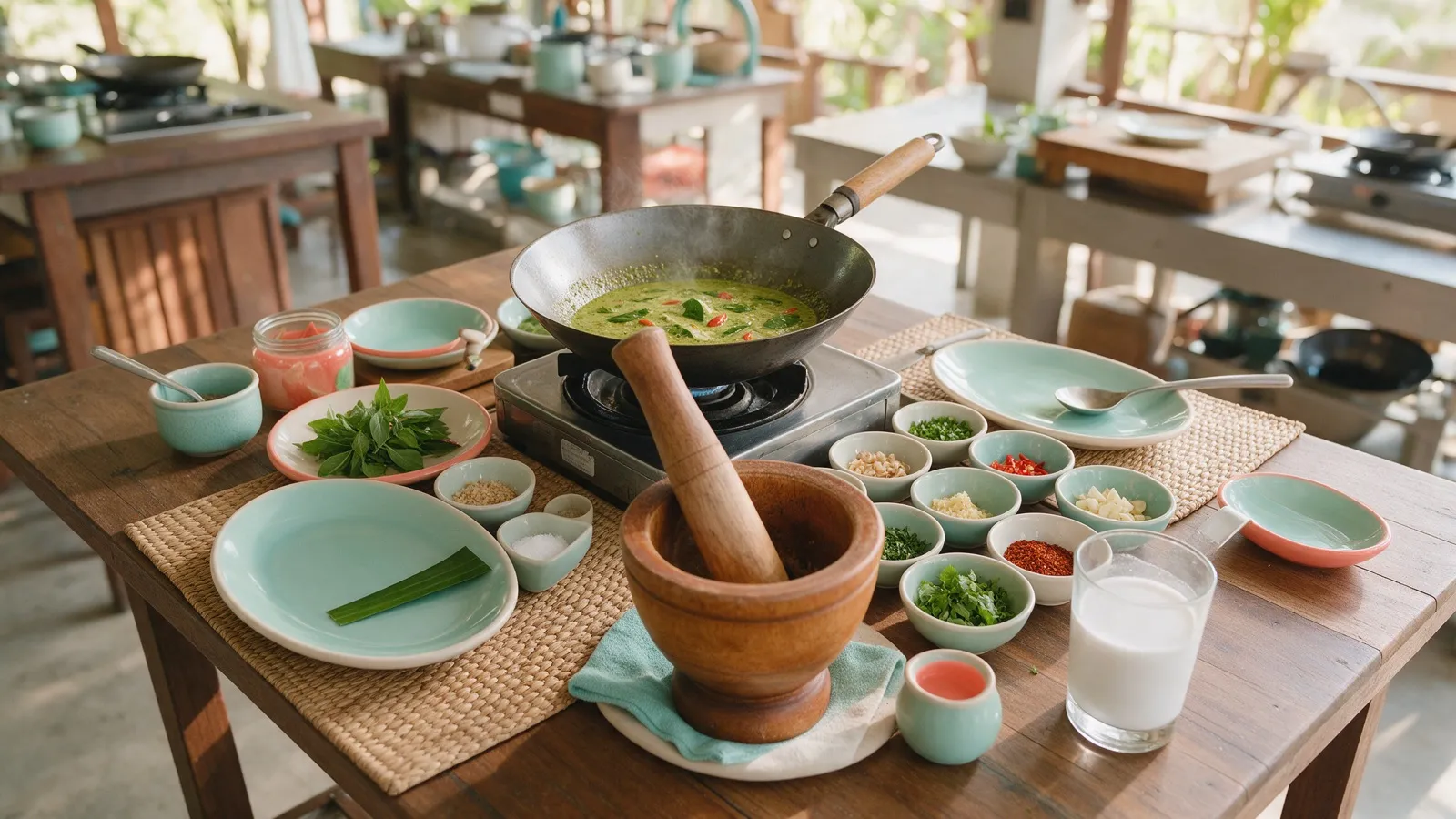 Kochtisch mit Wok, grünem Curry, Mörser und Schalen mit gehackten Kräutern