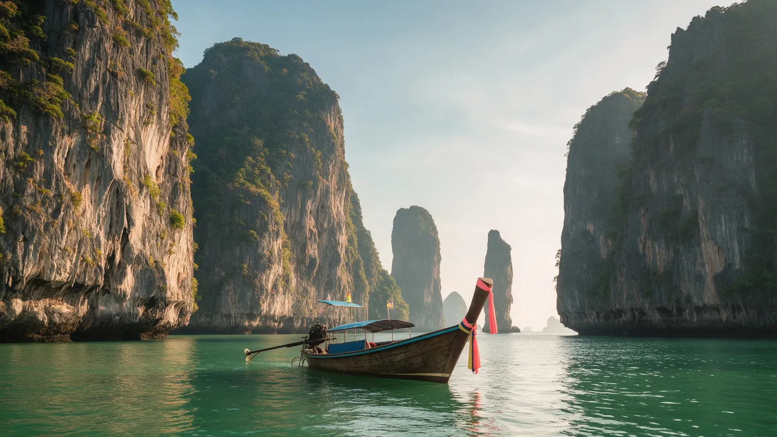 Ein Longtailboot zwischen hohen, bewachsenen Kalksteinfelsen in der Phang-Nga-Bucht, im Hintergrund die schmale Felsnadel der James-Bond-Insel