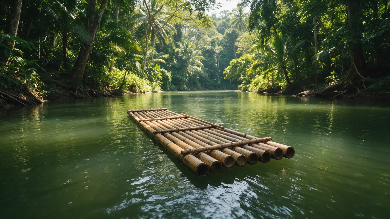 Ein leeres Bambusfloß auf einem grünen Dschungelfluss
