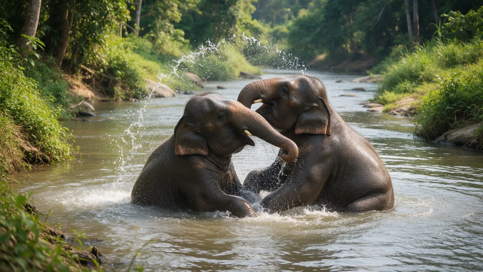 Zwei Elefanten spielen und baden in einem flachen Fluss