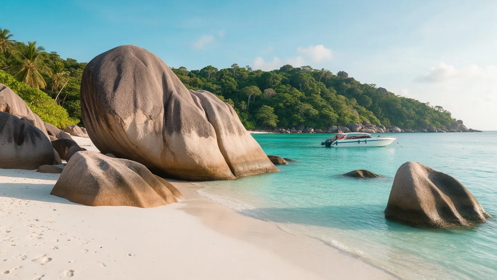 Weißer Sandstrand mit großen, runden Granitfelsen auf den Similan-Inseln, in der Bucht ein Boot