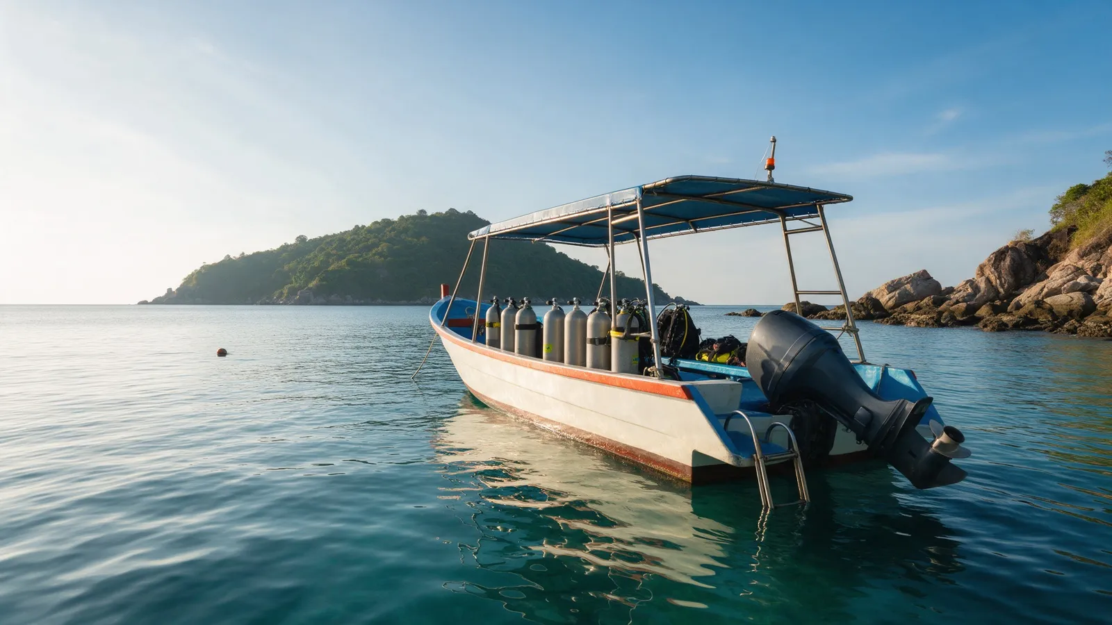 Ein kleines Tauchboot mit Flaschen und Ausrüstung an Deck liegt im ruhigen türkisen Wasser vor einer grünen Insel