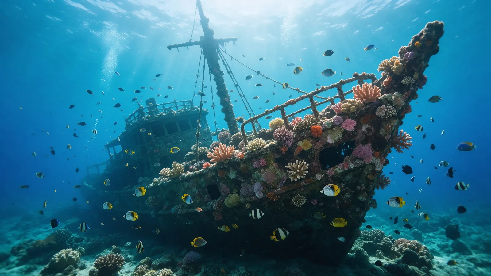 Ein Schiffswrack unter Wasser, bewachsen mit Korallen und umgeben von Fischschwärmen
