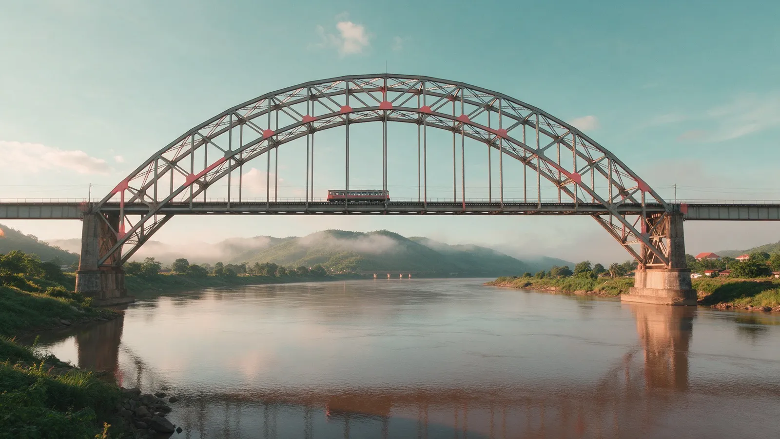 Die Eisenbahnbrücke über den Kwai bei Kanchanaburi mit einem Zug darauf
