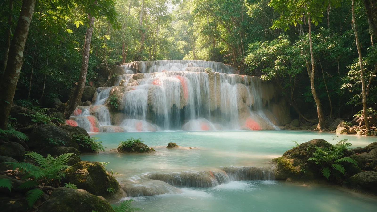 Mehrstufiger türkisfarbener Erawan-Wasserfall im grünen Dschungel