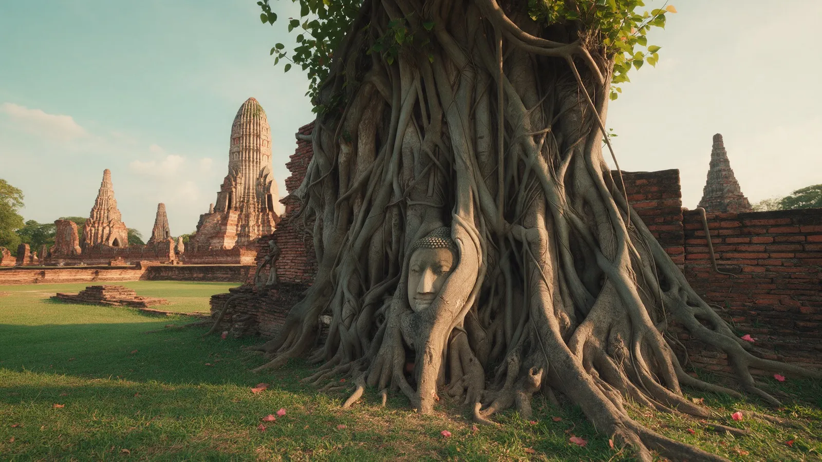 Verfallene Backsteintempel und Buddha-Statuen der alten Königsstadt Ayutthaya im warmen Abendlicht