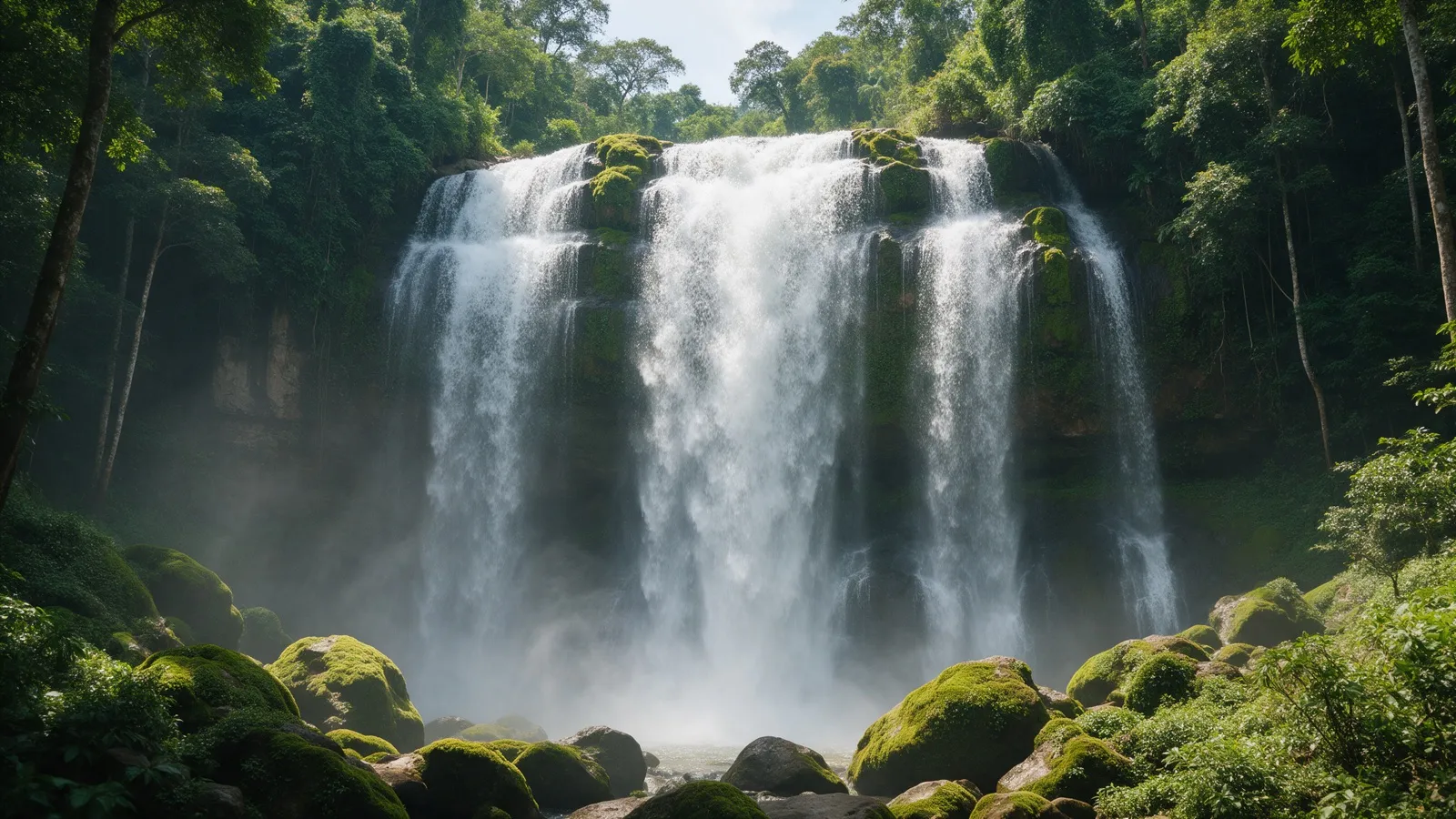 Ein breiter Wasserfall stürzt über Felsen in den Regenwald des Khao-Yai-Nationalparks