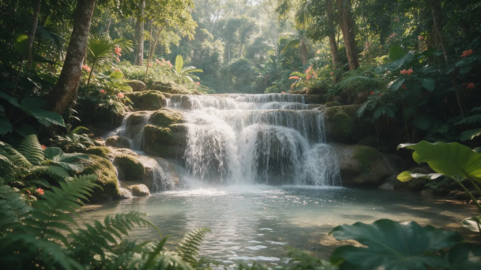 Ein kleiner Wasserfall über bemooste Felsstufen in einem üppigen tropischen Wald