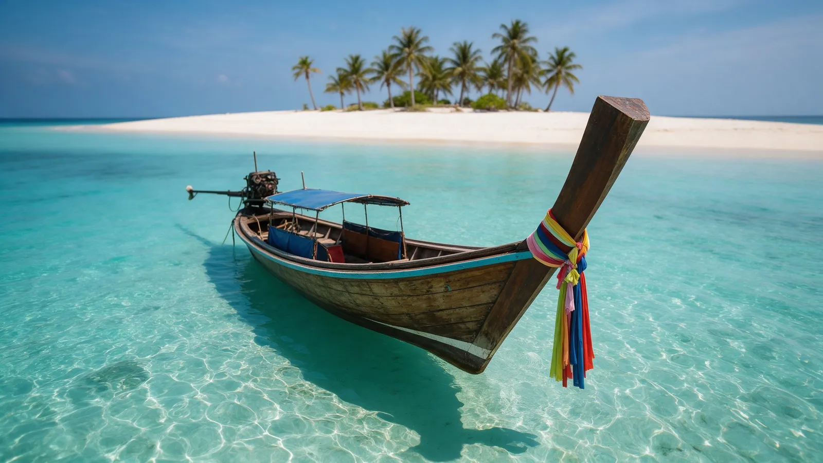 Ein Longtailboot mit bunten Bändern am Bug im kristallklaren türkisen Wasser vor einer Sandinsel mit Palmen