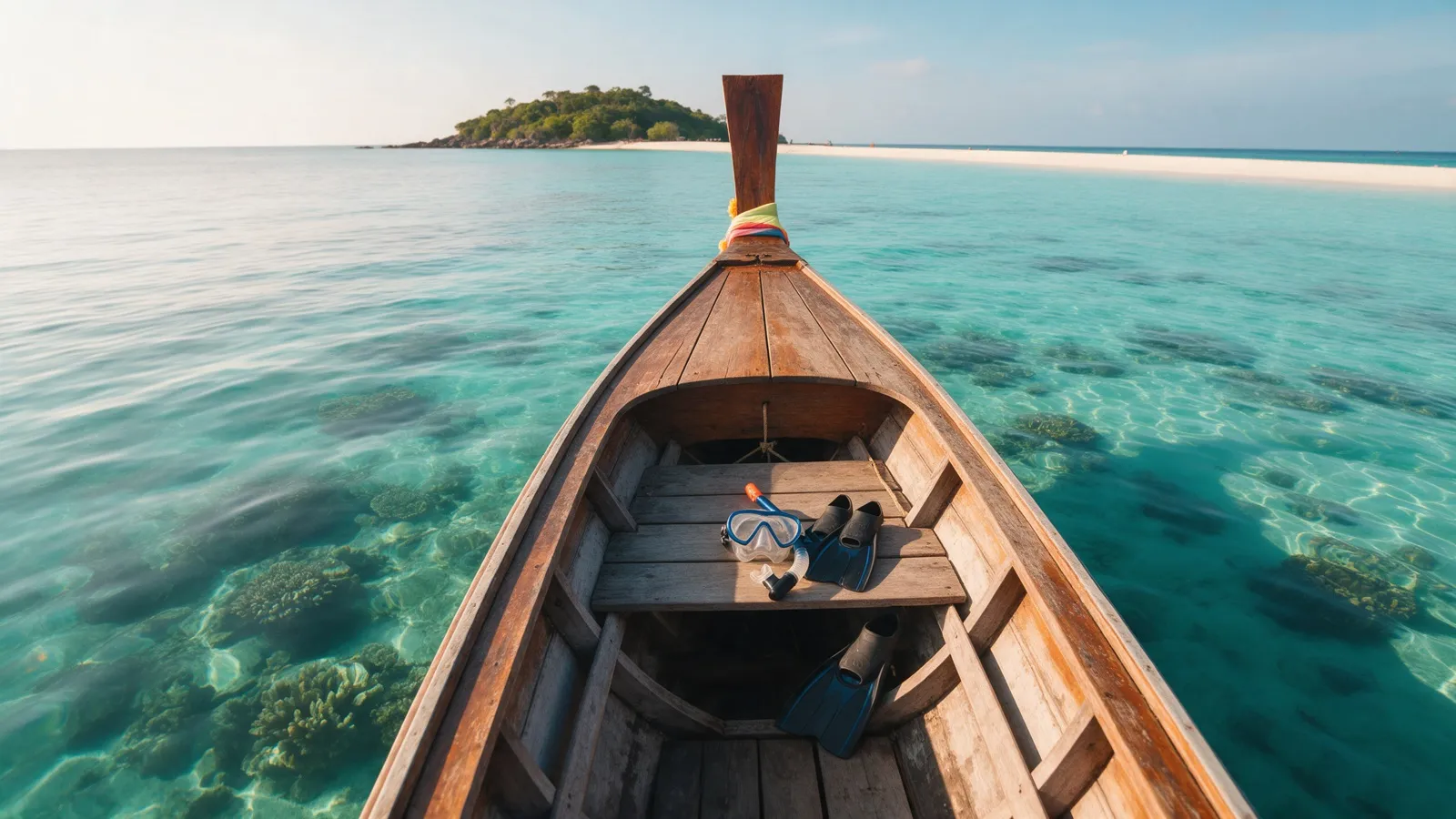 Ein Longtailboot über einem Korallenriff vor Koh Lipe