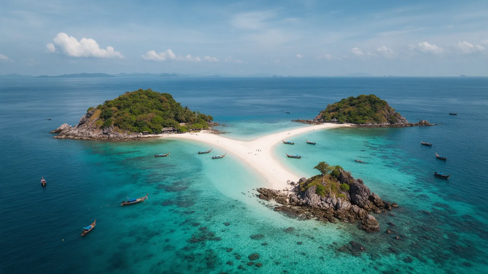 Vista aérea das três pequenas ilhas de Koh Nang Yuan, ligadas por um banco de areia branca no mar turquesa