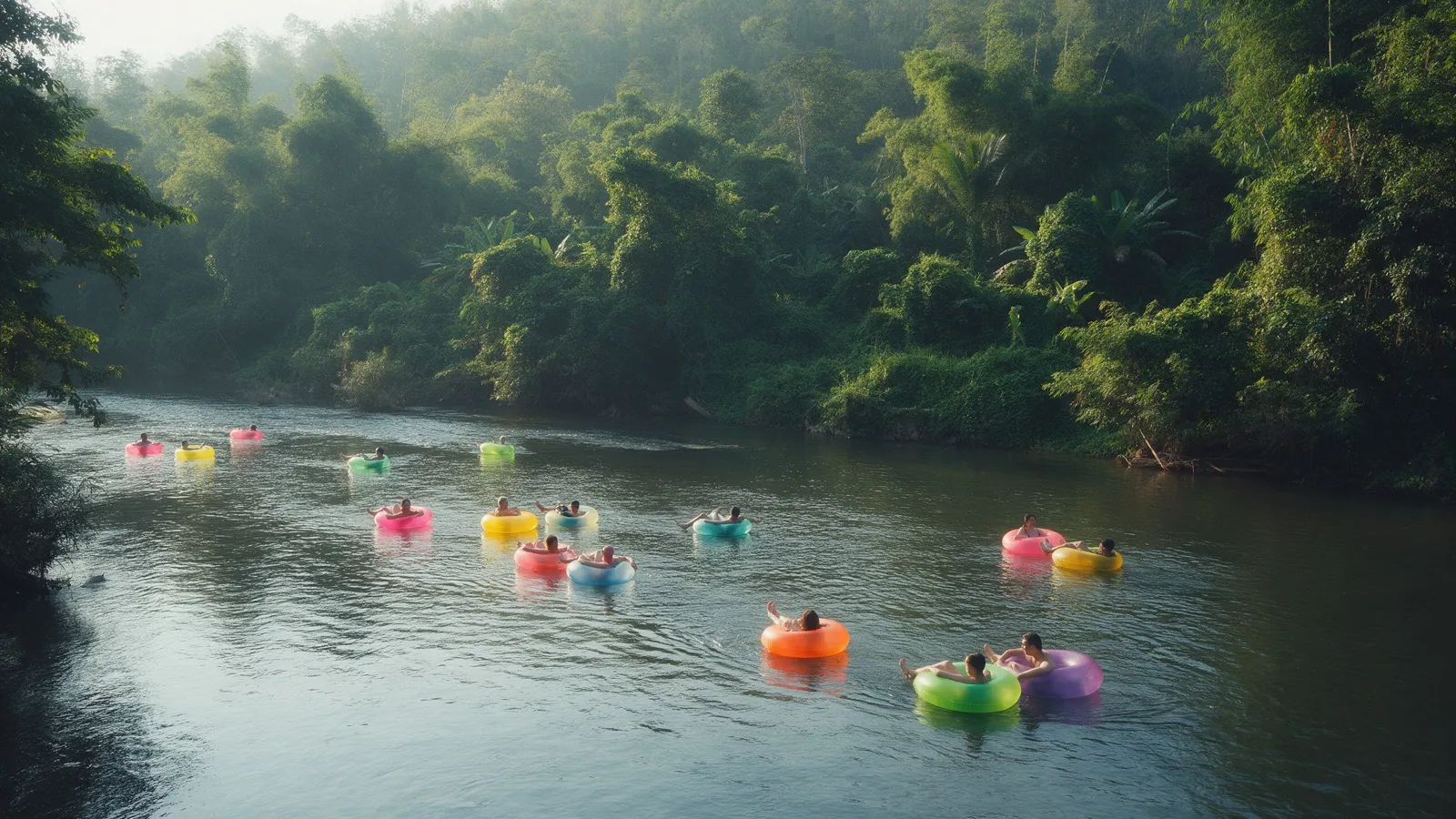 Bunte Schwimmreifen treiben auf einem ruhigen Fluss durch dichten grünen Dschungel