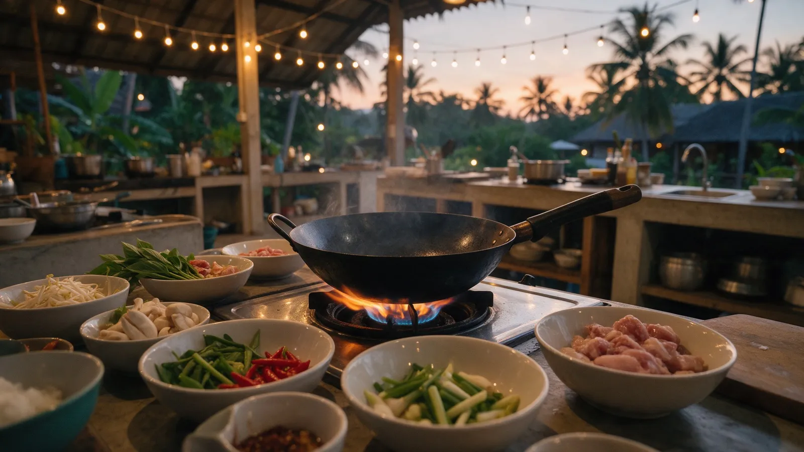Eine offene Kochschulküche am Abend mit Wok auf der Flamme, Schalen mit frischen Zutaten und Lichterketten