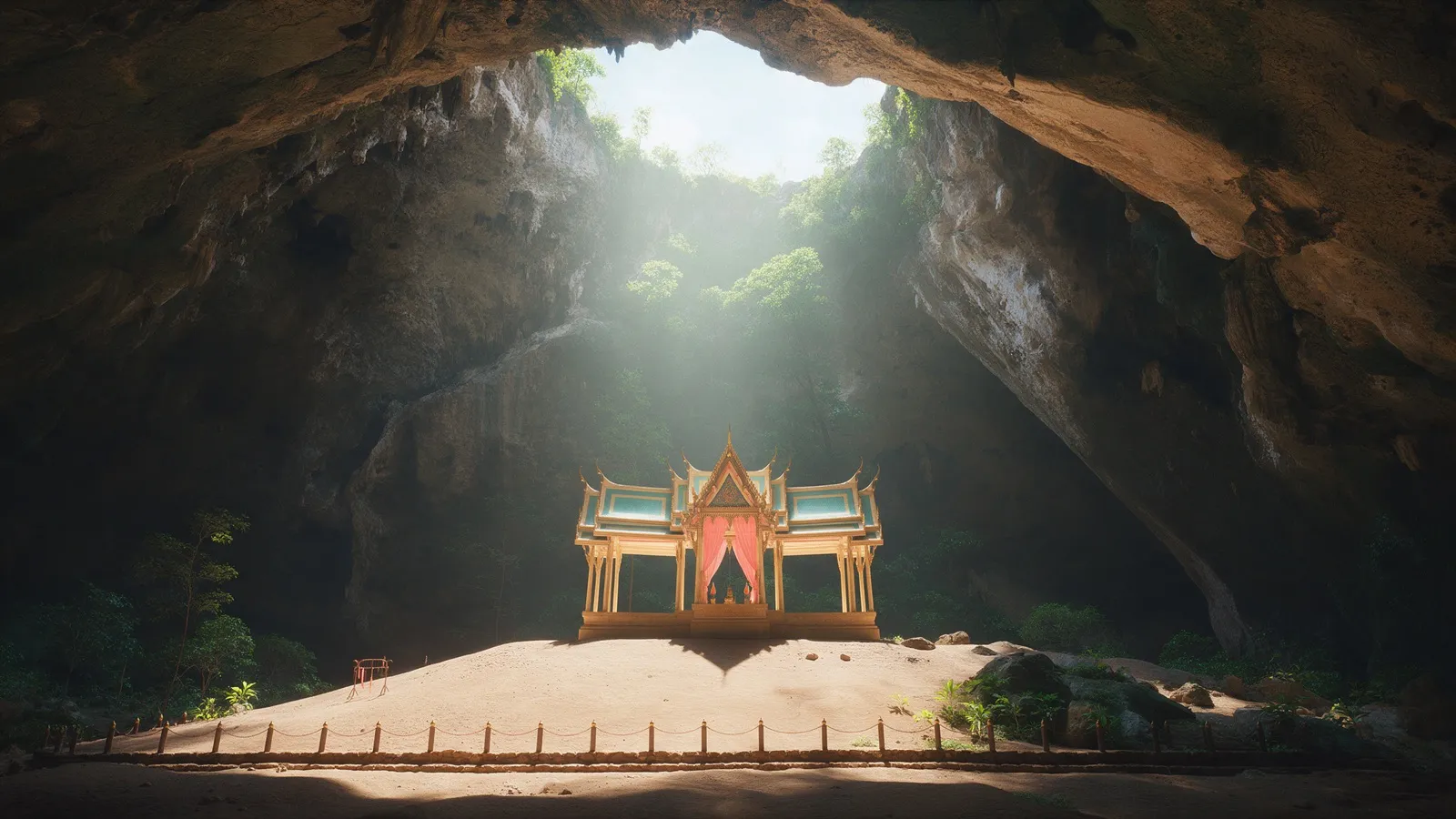 Der Königspavillon in der Phraya-Nakhon-Höhle, von einem Sonnenstrahl durch das Dach beleuchtet
