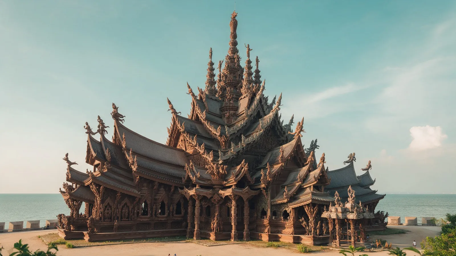 Das Heiligtum der Wahrheit in Pattaya, ein riesiger Holztempel mit vielen geschnitzten Türmen am Meer