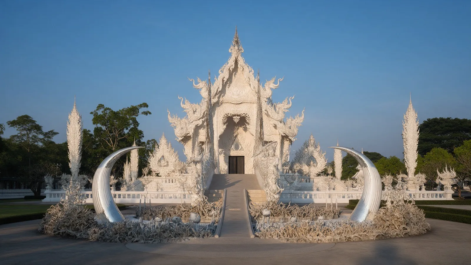 Der Weiße Tempel Wat Rong Khun in Chiang Rai im Morgenlicht unter blauem Himmel