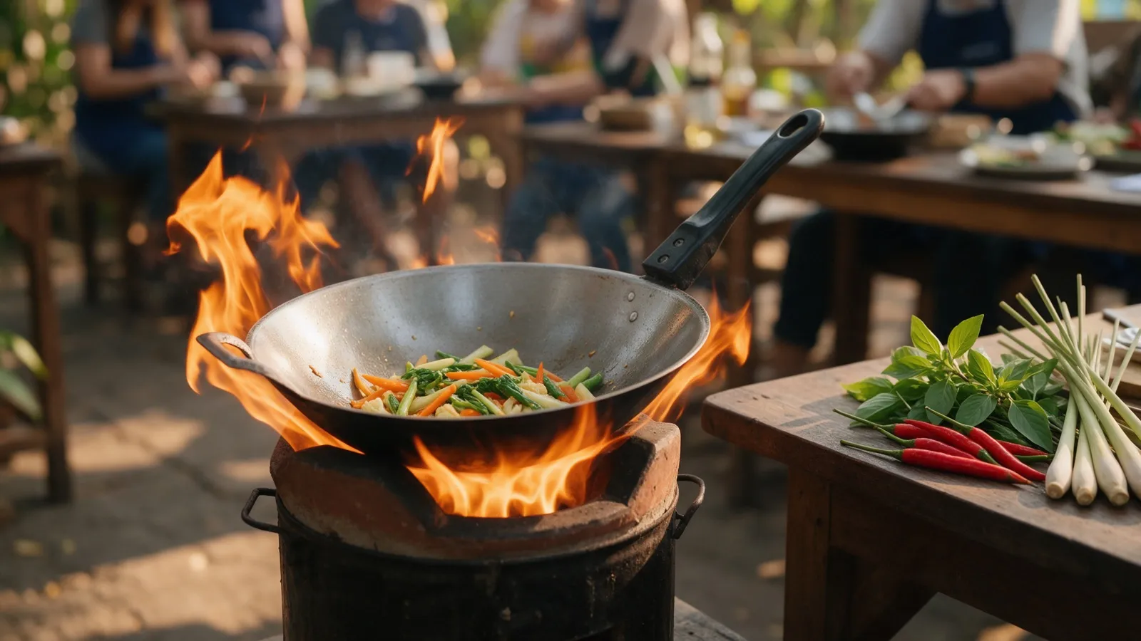 Ein Wok mit Flammen und frischem Gemüse auf einem Holzkohleofen im Freien, daneben Chilis und Zitronengras
