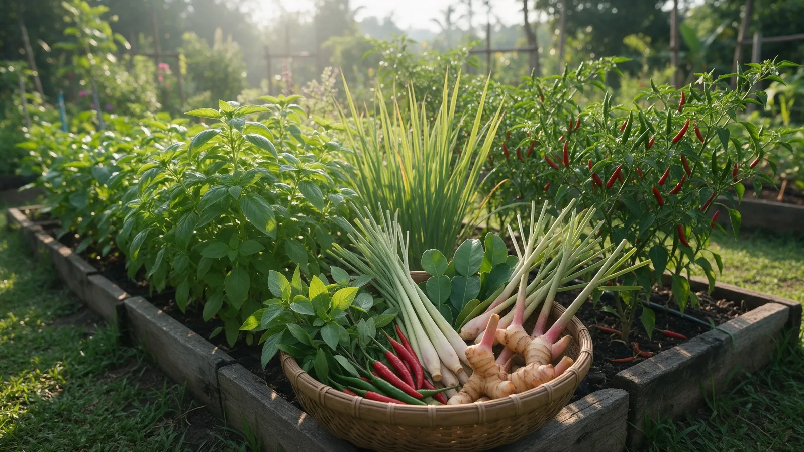 Beete mit Basilikum, Zitronengras und Chili in einem Kräutergarten, vorn ein Korb mit frisch geernteten Kräutern