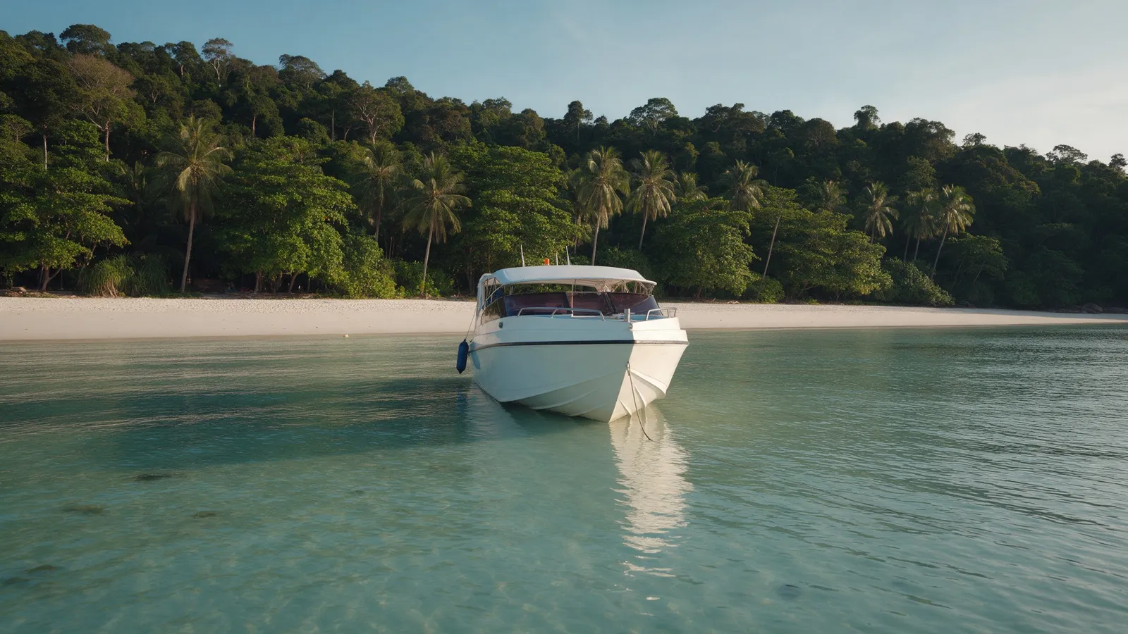 Ein weißes Schnellboot liegt im flachen türkisen Wasser vor einem ruhigen Strand mit Dschungel