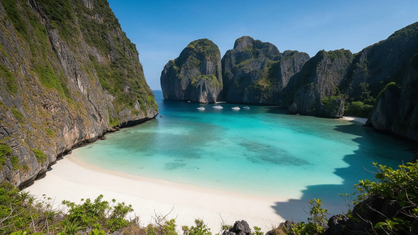 Die Maya Bay auf Phi Phi Leh, ein weißer Strand mit türkiser Lagune zwischen hohen Kalksteinfelsen