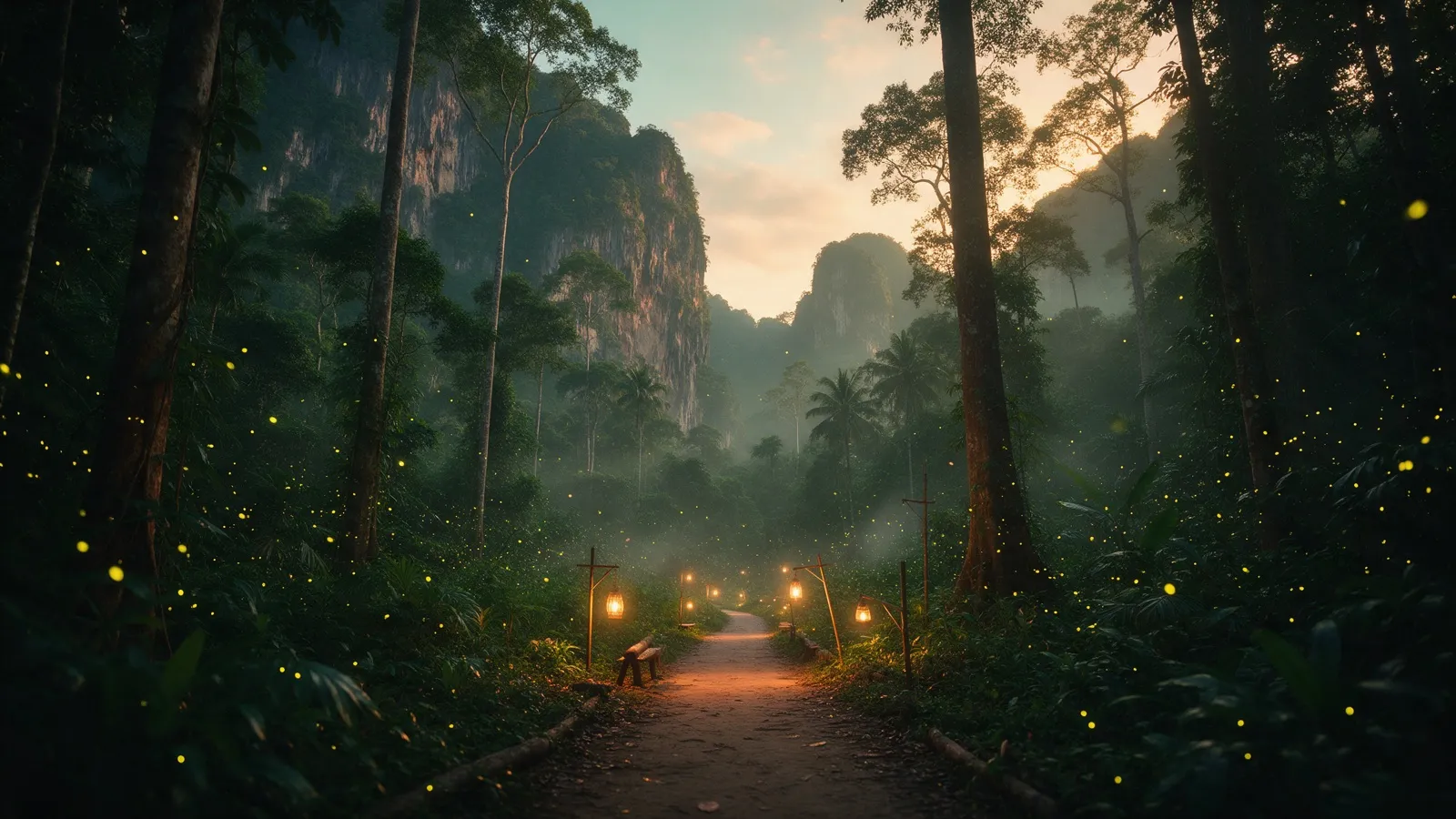 Dschungel im Khao-Sok-Nationalpark bei Nacht, im Lichtkegel einer Taschenlampe