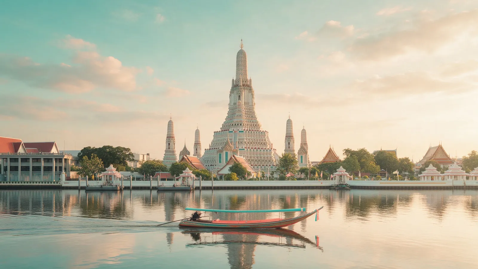 Der Tempel Wat Arun am Chao-Phraya-Fluss in Bangkok im Abendlicht, davor ein Longtailboot