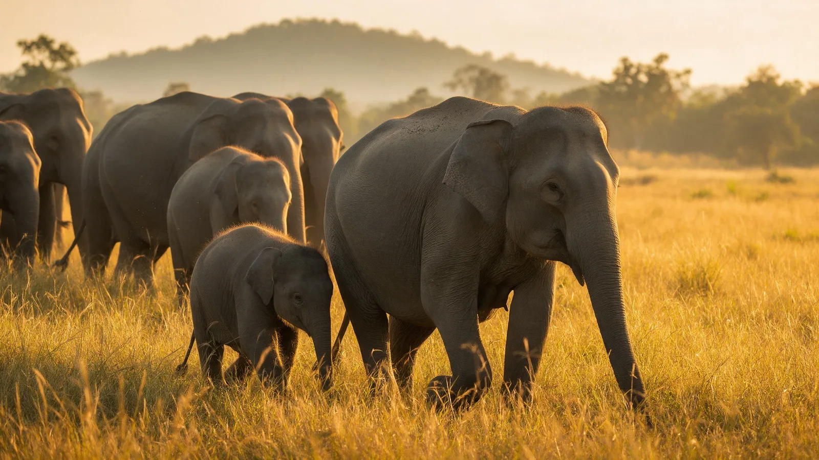 Eine Herde wilder Elefanten mit Kalb zieht im goldenen Abendlicht durch hohes Gras
