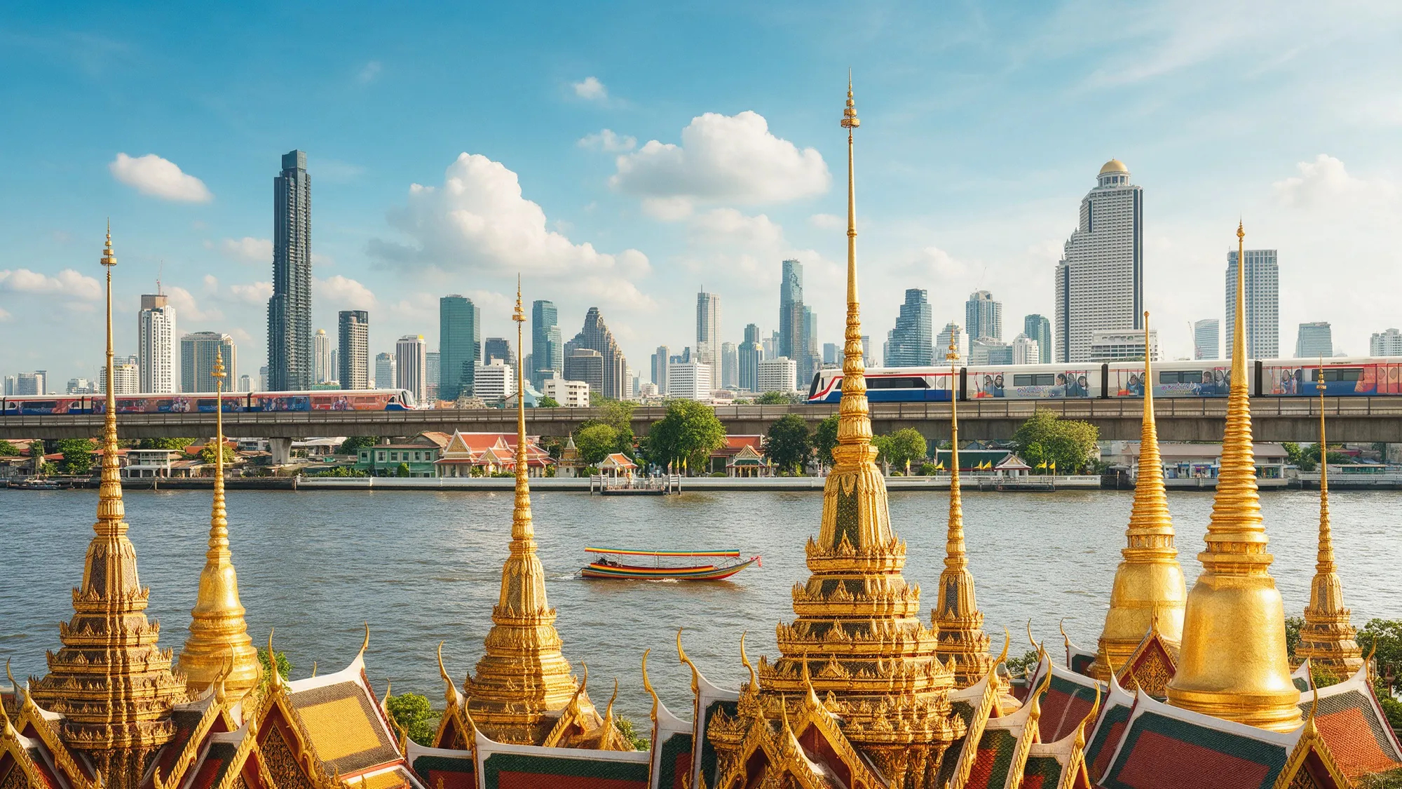 Bangkok at dusk: high-rises in the evening light, in front of them the Chao Phraya with illuminated boats and Wat Arun on the bank