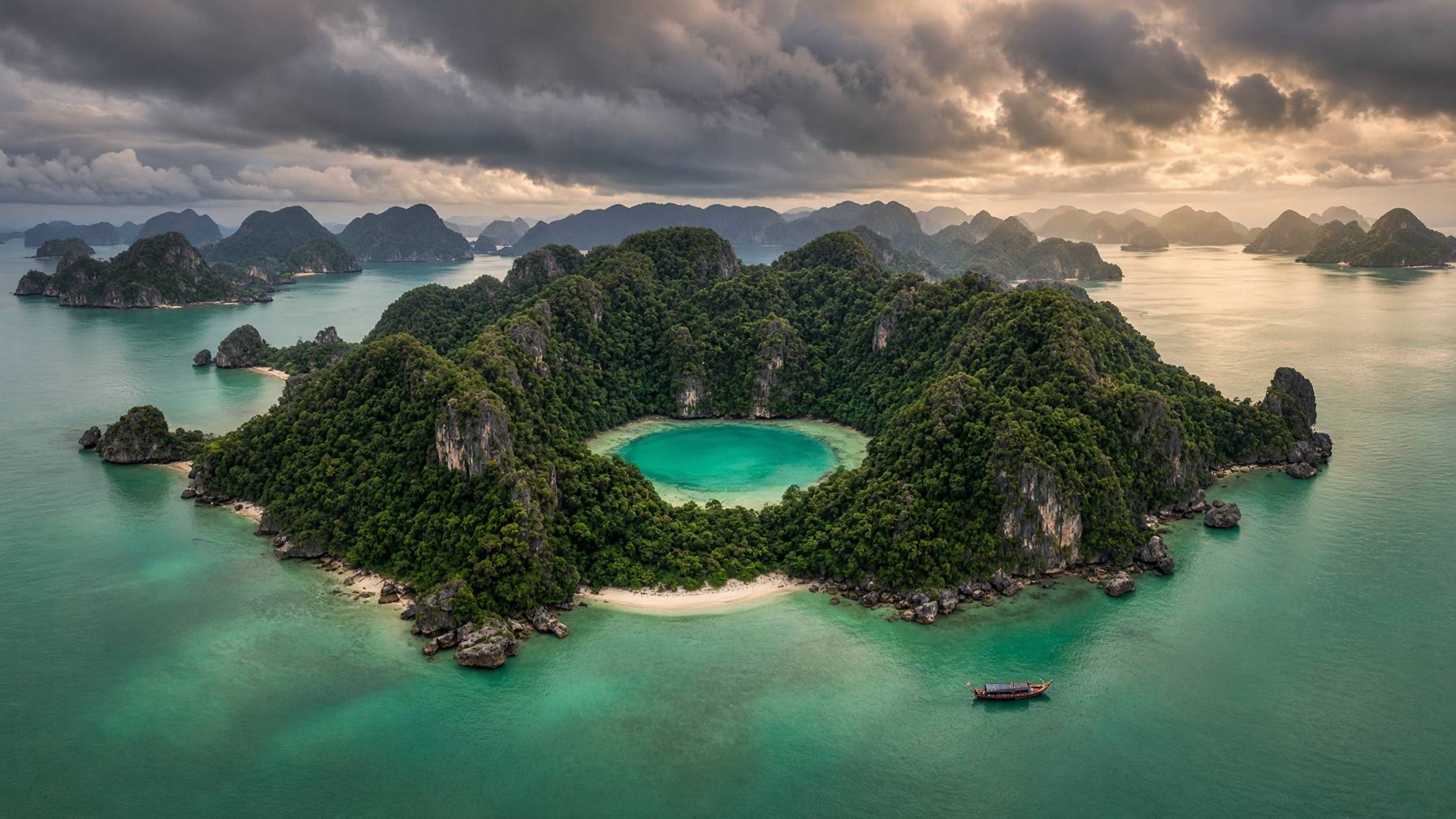 Luftbild des Ang-Thong-Meeresparks: runde, dicht bewaldete Inseln mit weißen Sandbuchten und einer türkisfarbenen Lagune, ein kleines Boot auf smaragdgrünem Wasser unter dunklen Monsunwolken