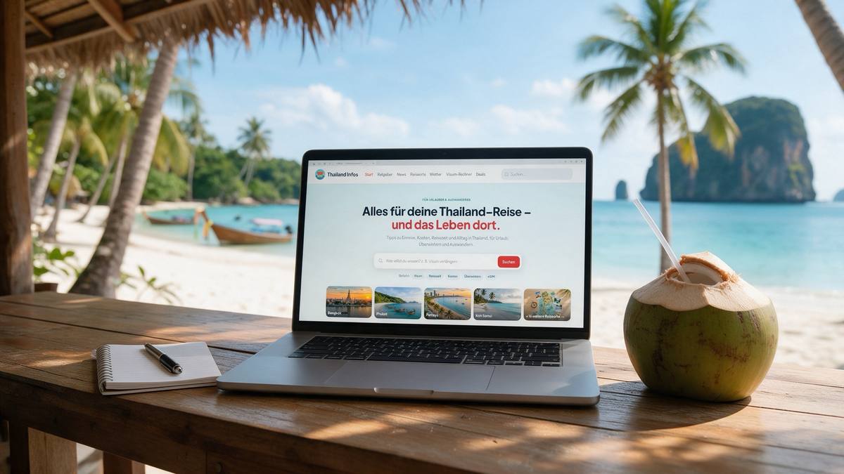 Offener Laptop mit der Startseite von Thailand Infos auf einer Holzbar am Strand, daneben eine frische Kokosnuss mit Strohhalm, dahinter Palmen, türkisfarbenes Meer und ein Karstfelsen