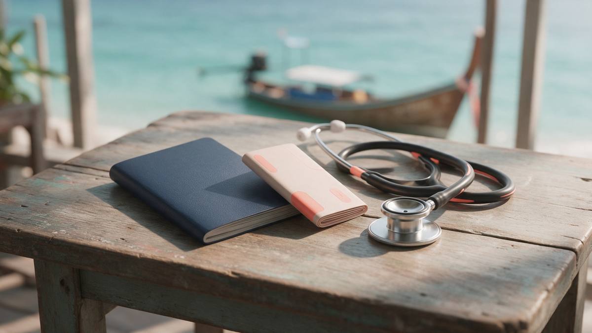 Reisepass, Krankenversicherungsunterlagen und ein Stethoskop auf einem Holztisch, dahinter das Meer bei Sonnenuntergang
