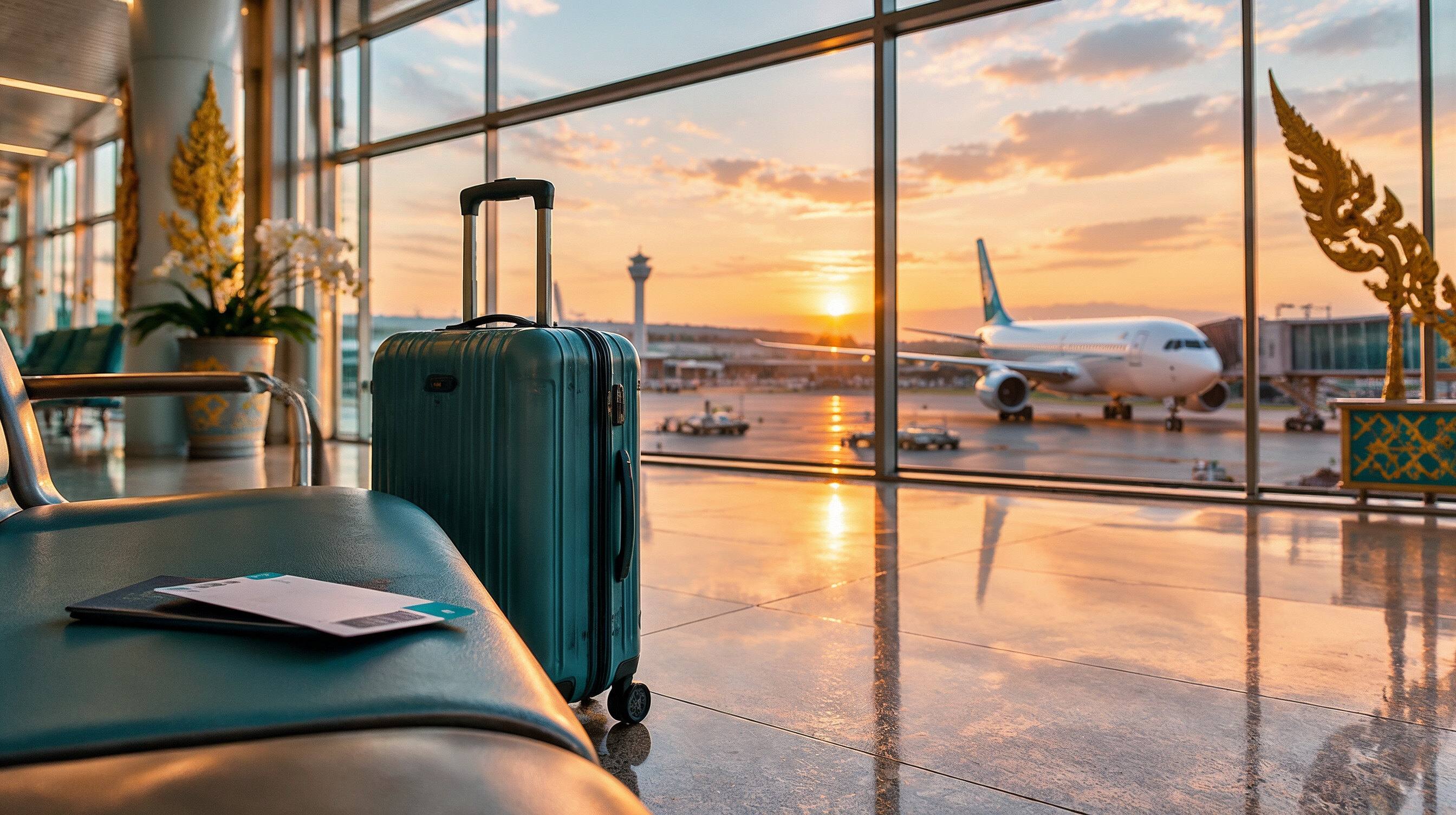 Koffer und Bordkarte in der Abflughalle eines thailändischen Flughafens, draußen ein Flugzeug im Sonnenuntergang