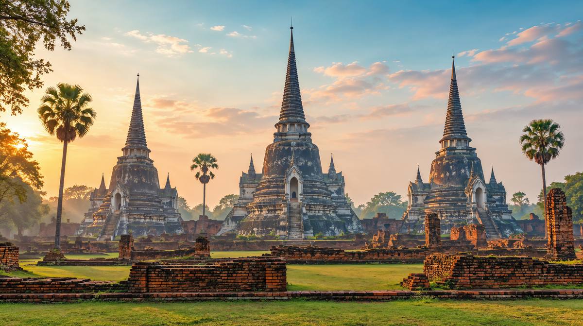 Drei restaurierte glockenförmige Chedis des Wat Phra Si Sanphet in Ayutthaya im warmen Morgenlicht, davor Rasen und alte Ziegelmauern
