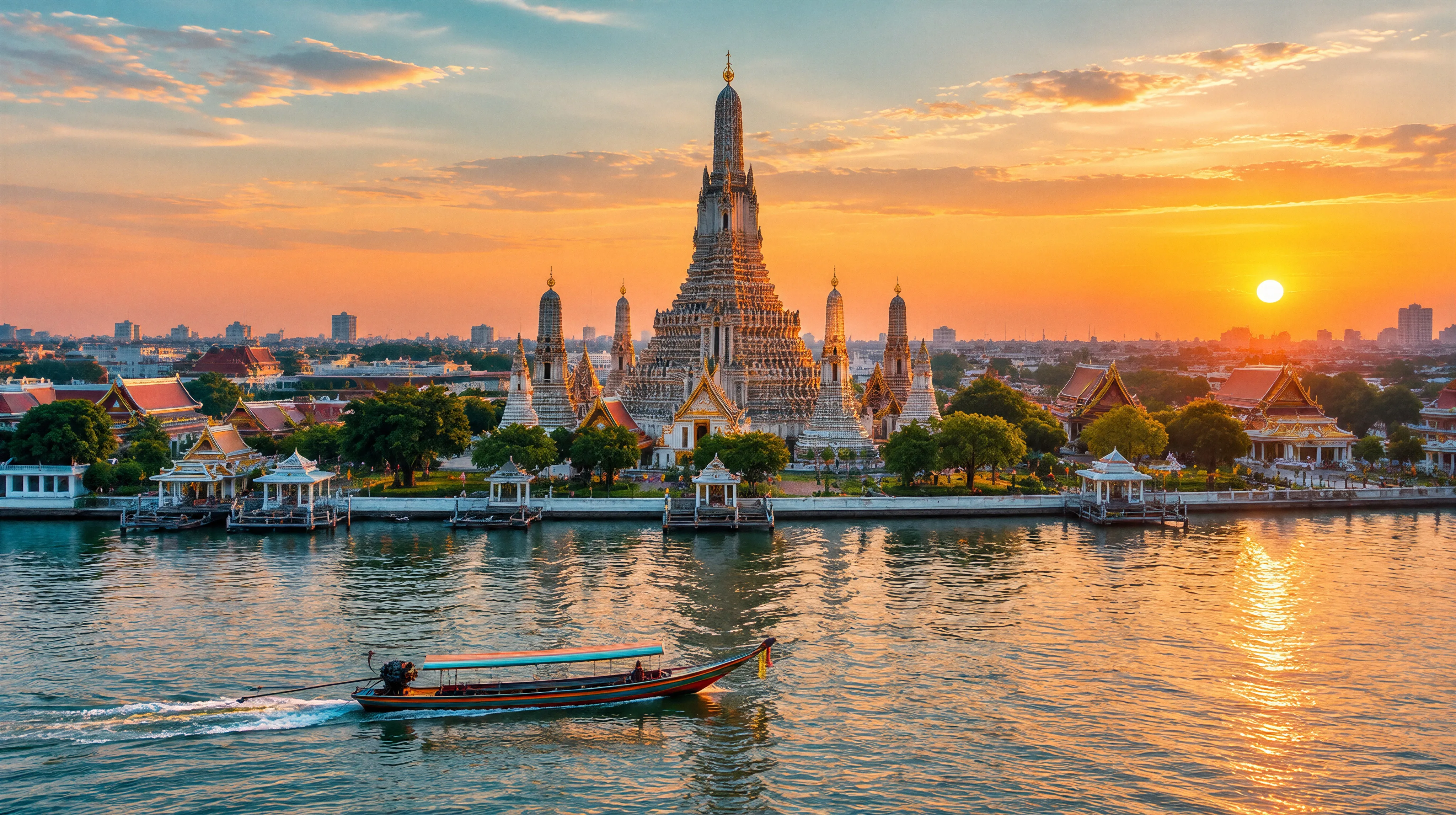 Wat Arun am Fluss Chao Phraya in Bangkok bei Sonnenuntergang, davor ein Longtailboot auf dem Wasser