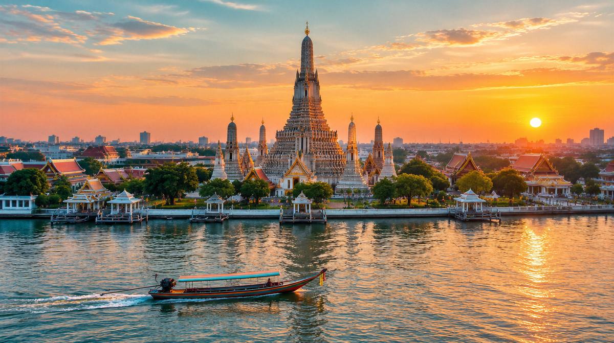 Wat Arun am Fluss Chao Phraya in Bangkok bei Sonnenuntergang, davor ein Longtailboot auf dem Wasser