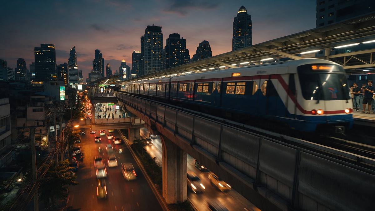 Hochbahn der BTS fährt zwischen Hochhäusern über eine belebte Straße in Bangkok, darunter dichter Verkehr im Abendlicht