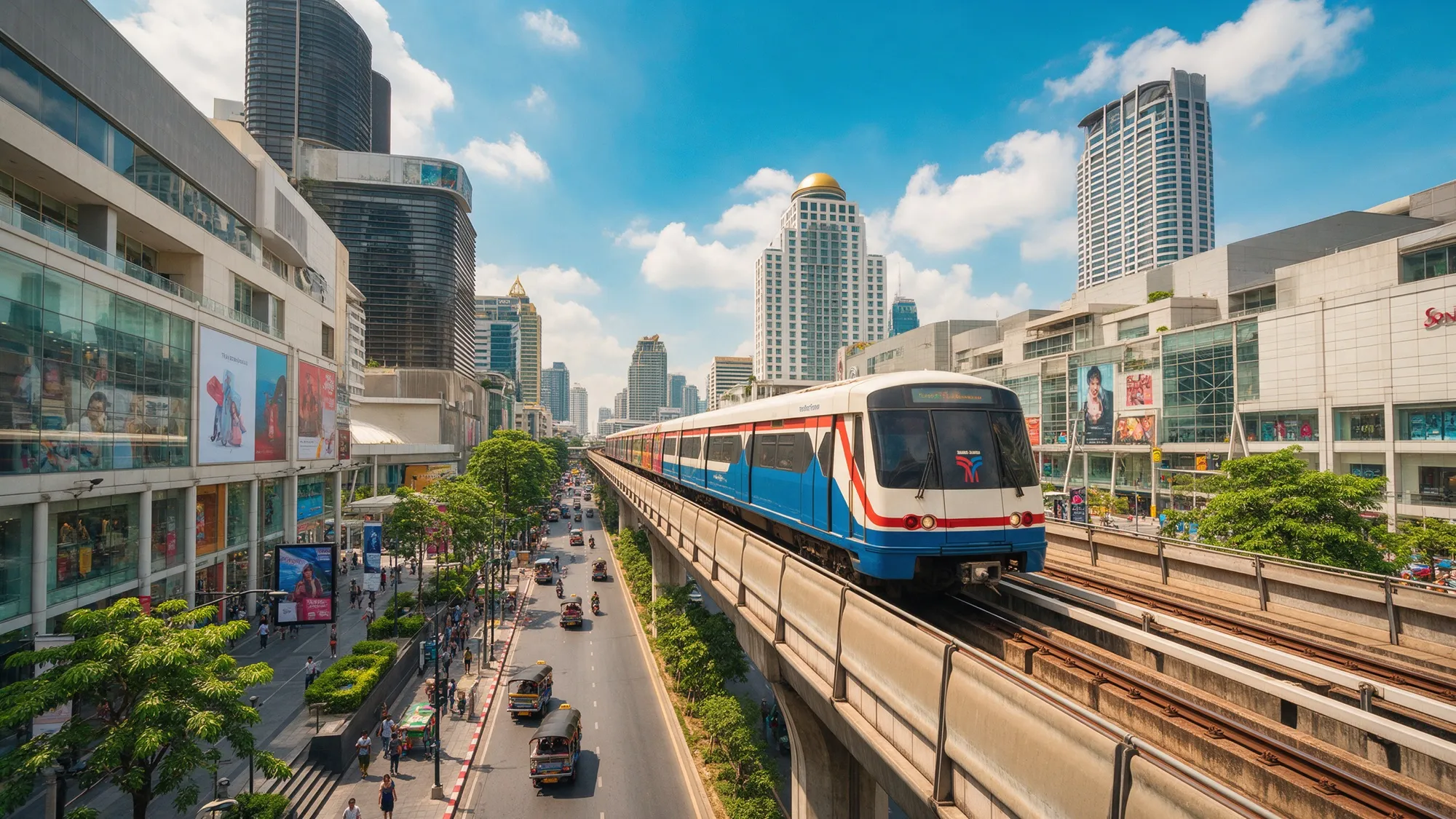 BTS Skytrain running on the elevated track through central Bangkok in bright sunshine, with a street of tuk-tuks and shopping centres below