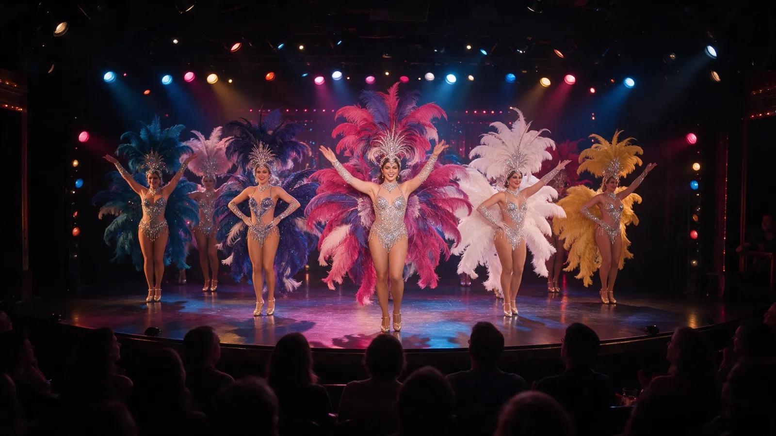 Stage with dancers in colourful feathered costumes at Calypso Cabaret