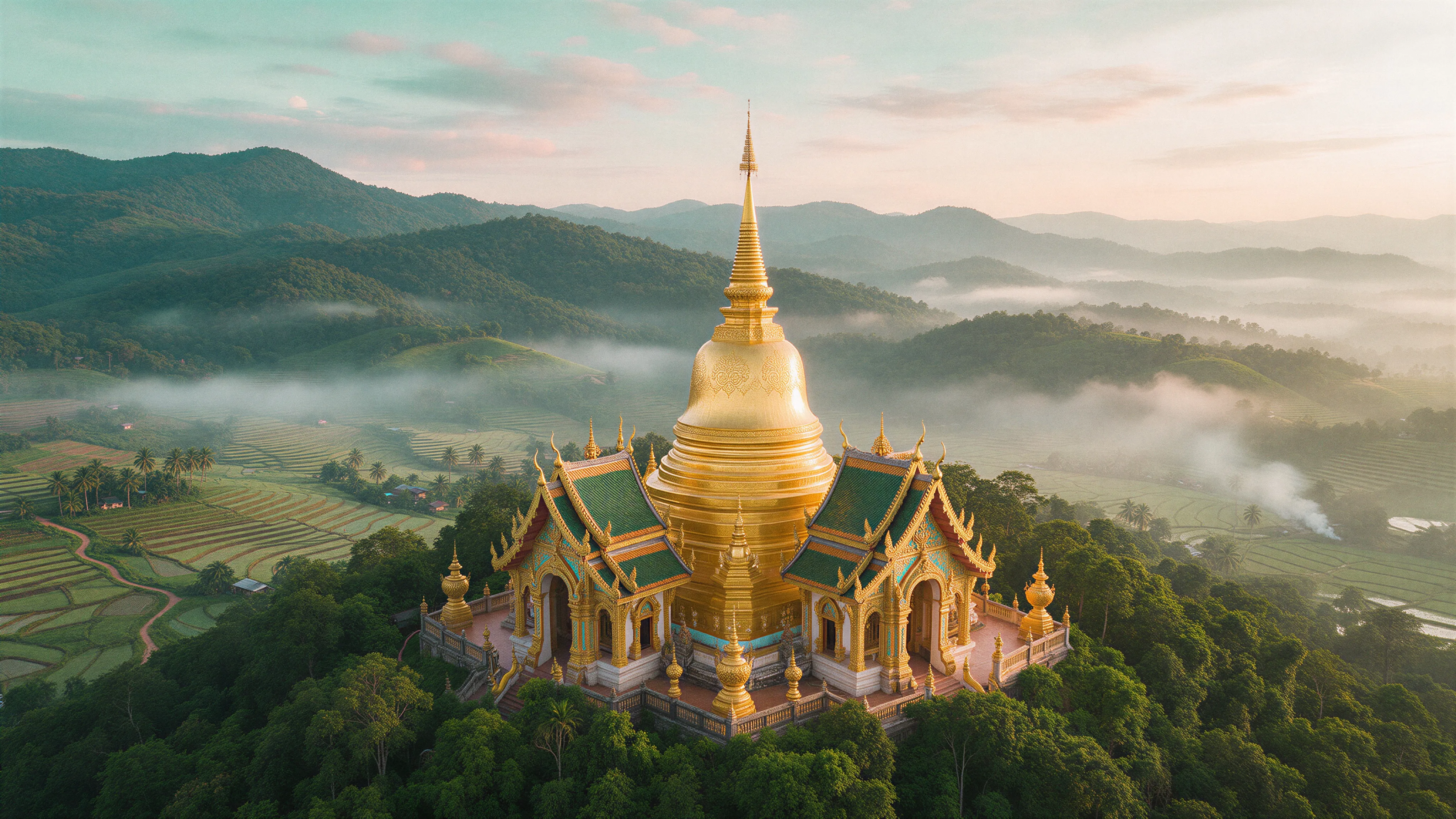 Goldener Chedi eines Tempels auf einem bewaldeten Hügel, umgeben von Nebel, Reisterrassen und Bergen im Norden Thailands, von oben gesehen
