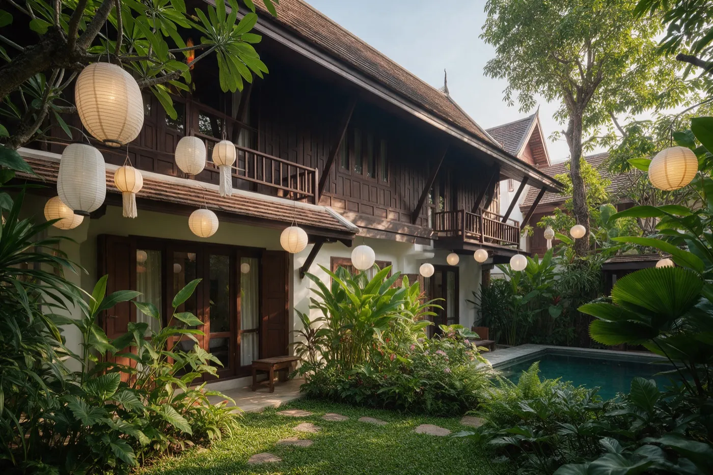 Boutique hotel with timber architecture and lanterns in the old town of Chiang Mai