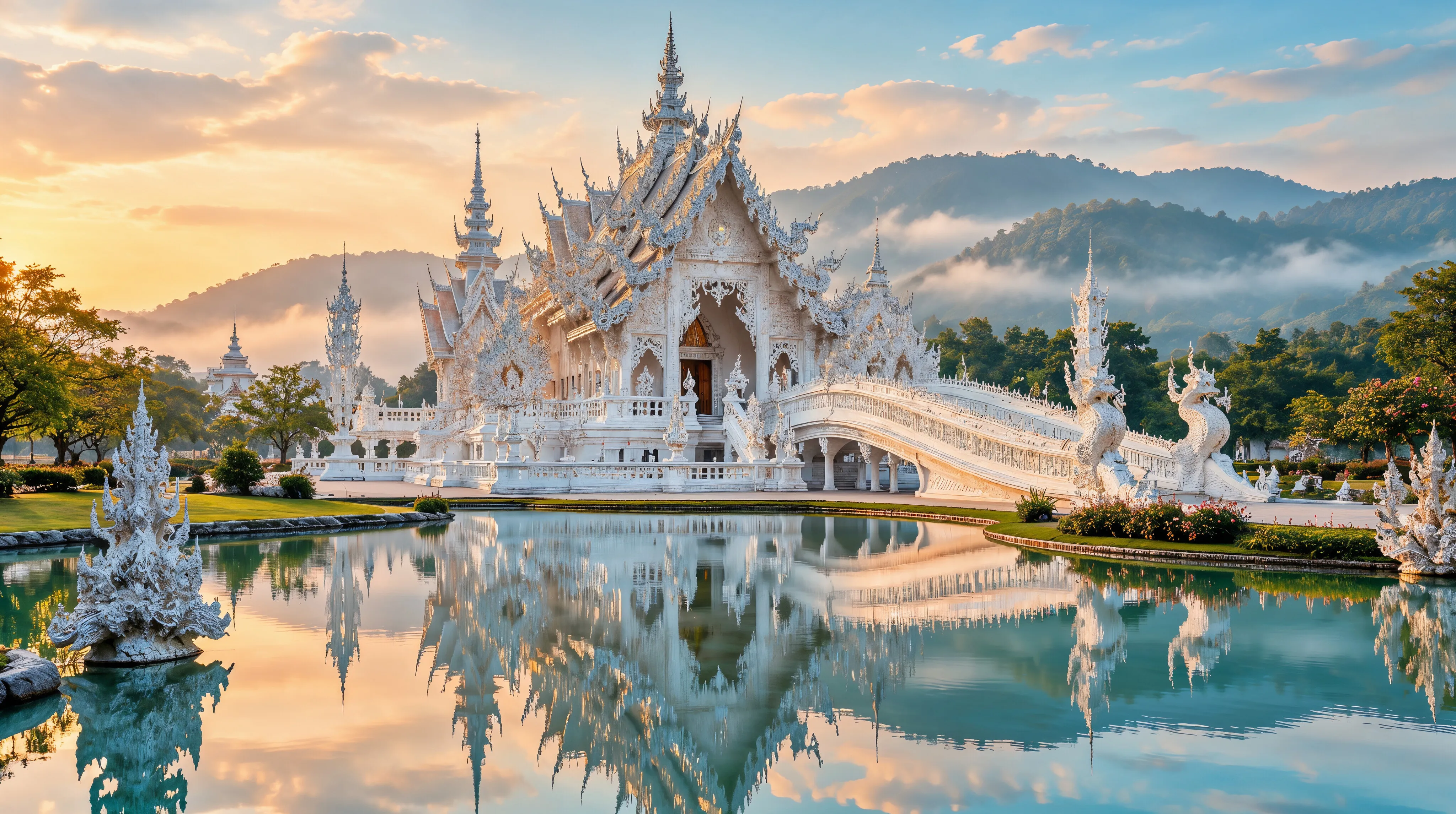 Weißer Tempel Wat Rong Khun mit funkelnden Spiegelverzierungen im ruhigen Morgenlicht, davor ein Teich mit Spiegelung, dahinter grüne Hügel im Norden Thailands