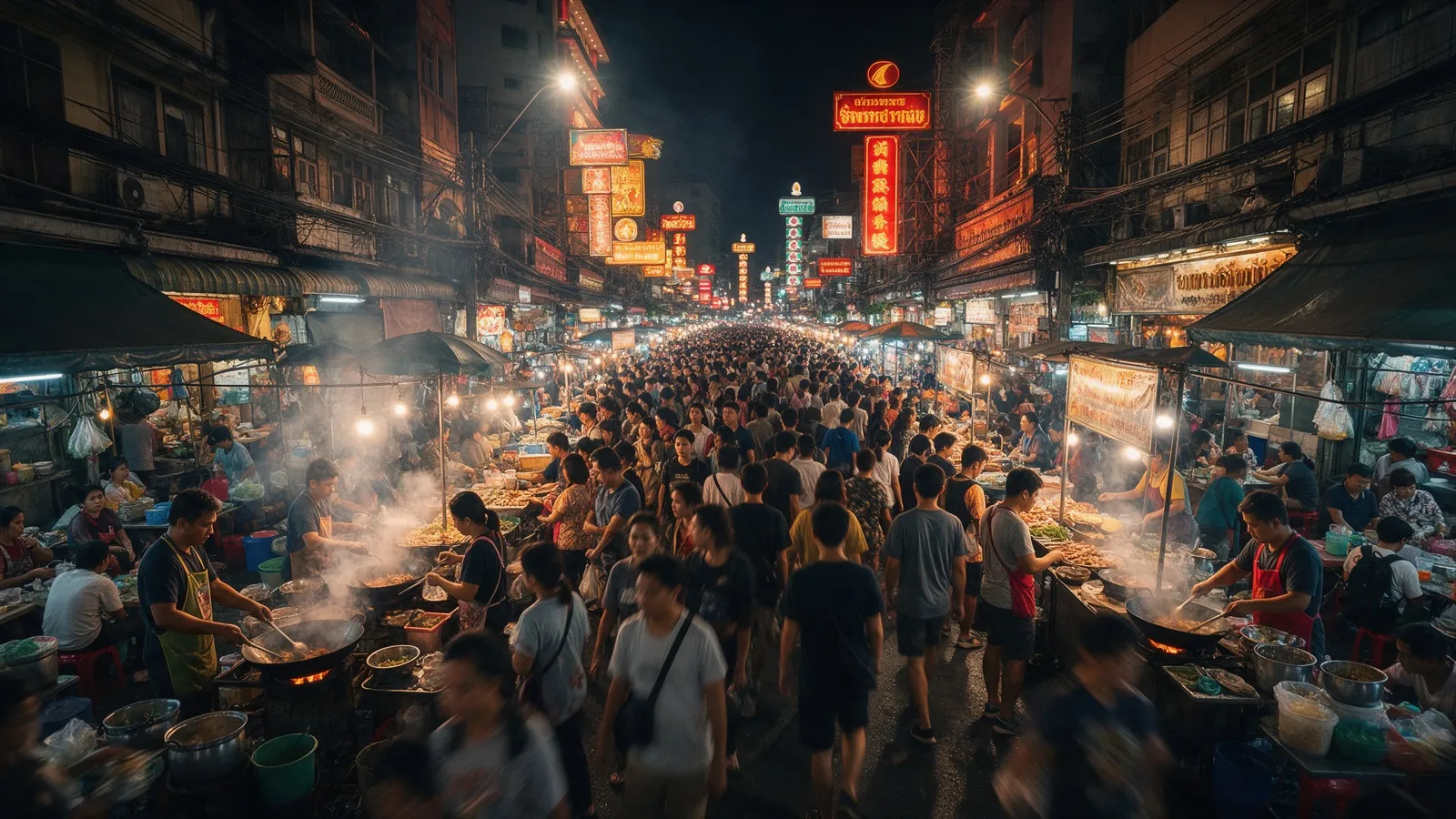 Neon signs and food stalls on Yaowarat Road in Chinatown Bangkok at night