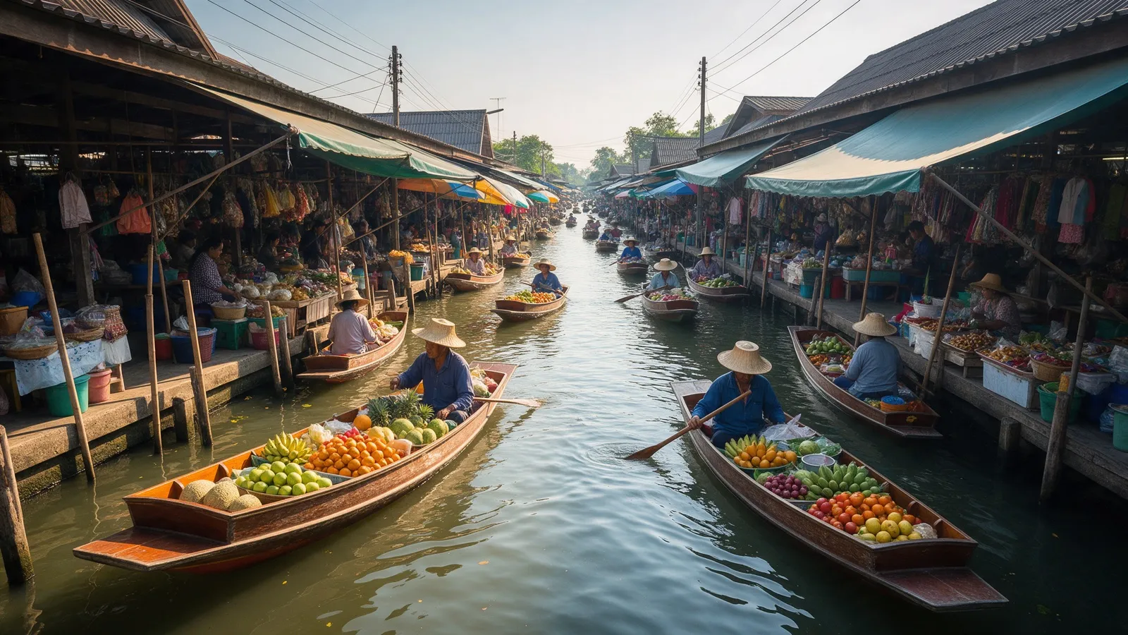 Women vendors in straw hats paddle boats full of fruit through a canal at Damnoen Saduak Floating Market