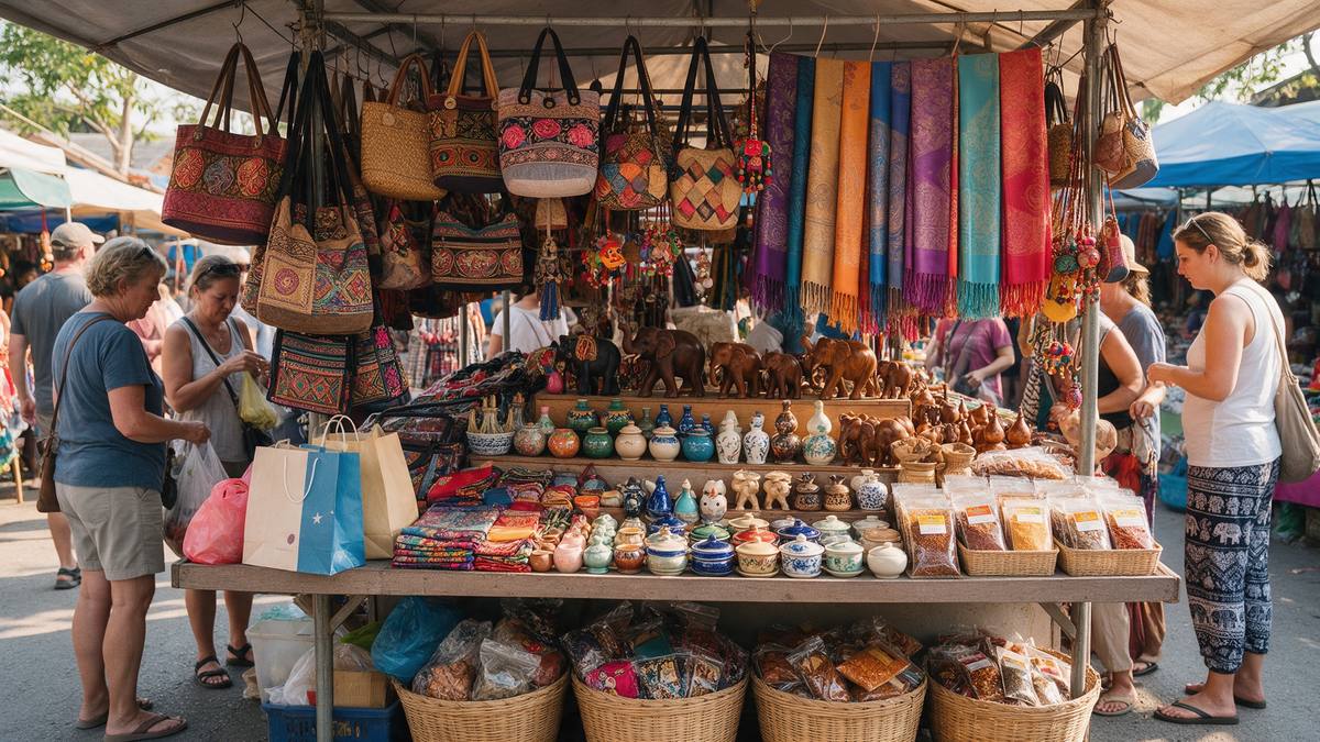 Marktstand in Thailand mit Seidentüchern, Holzschnitzereien und Keramik, davor ein geöffneter Koffer und ein Reisepass