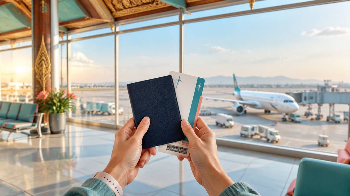 Hände halten einen dunkelblauen Reisepass und eine Bordkarte in einer sonnigen Flughafenhalle mit Blick auf ein Flugzeug am Gate