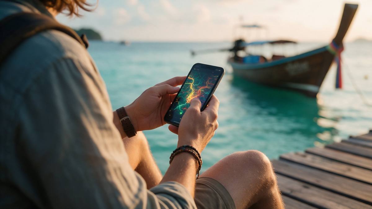 Путешественник со смартфоном на деревянных мостках, за ним бирюзовое море и лодка лонгтейл