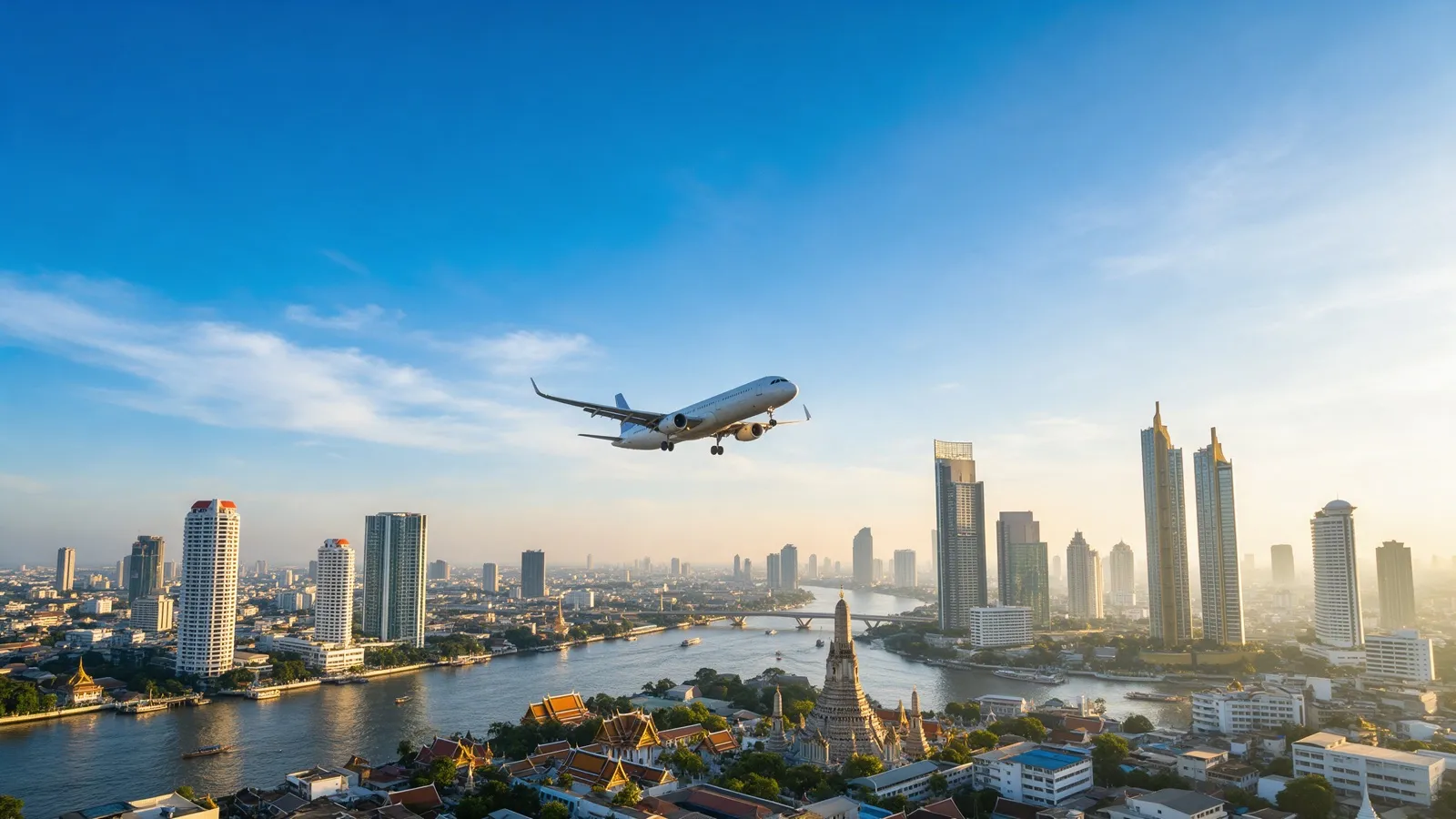 Passenger plane on approach over Bangkok in the morning light