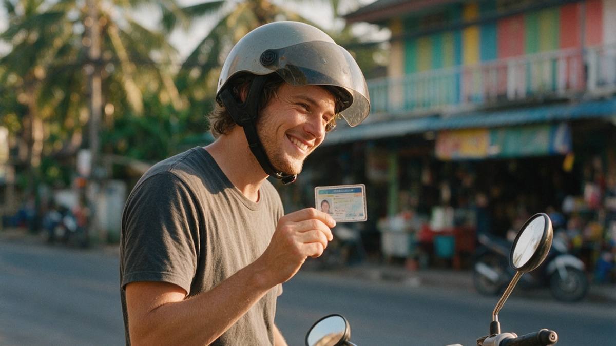 Mint green scooter in front of a government building in Thailand, with a driving licence and a passport on a wooden table beside it