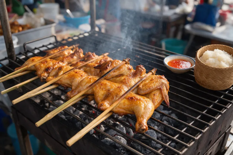 Gai Yang (gegrilltes Hähnchen) an einem Straßenstand in Thailand